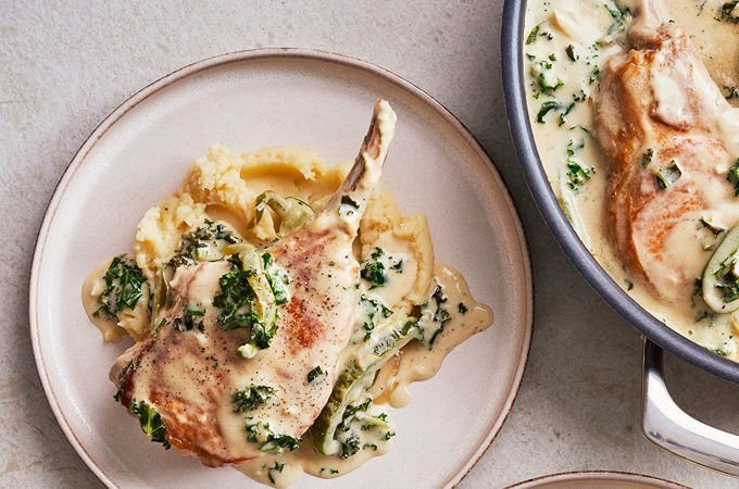 Pork Chops and Kale in Cream Sauce