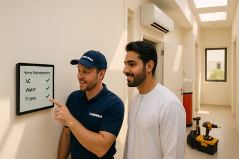 A handyman points at a tablet showing a checked list for home maintenance (AC, Water, Filters) to a smiling client in a hallway.