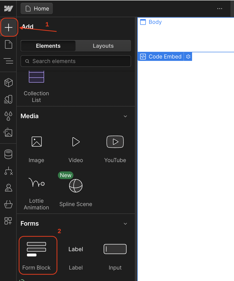 Adding a form block in Webflow Designer
