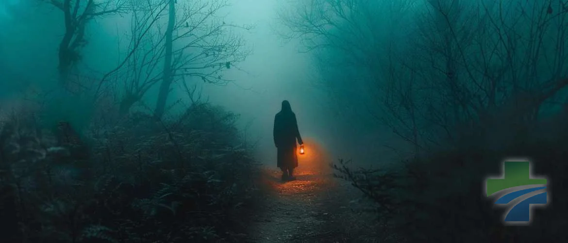 A solitary figure holding a lantern in a foggy, dense forest