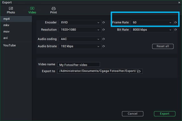 you can see options to frame rate and other video settings.