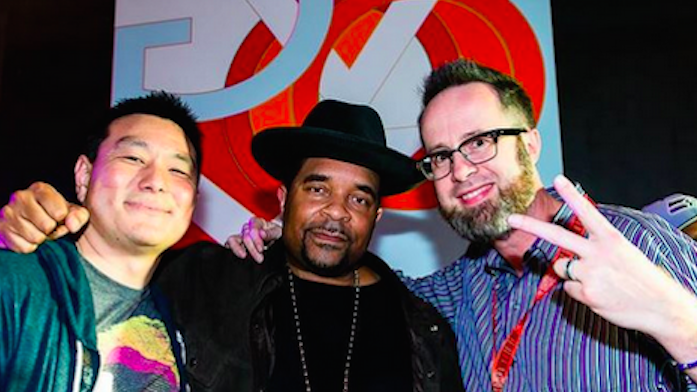 Founders Henry Yoshida and whurley flank rap artist Sir Mix-A-Lot at Honest Dollar's launch party last year.