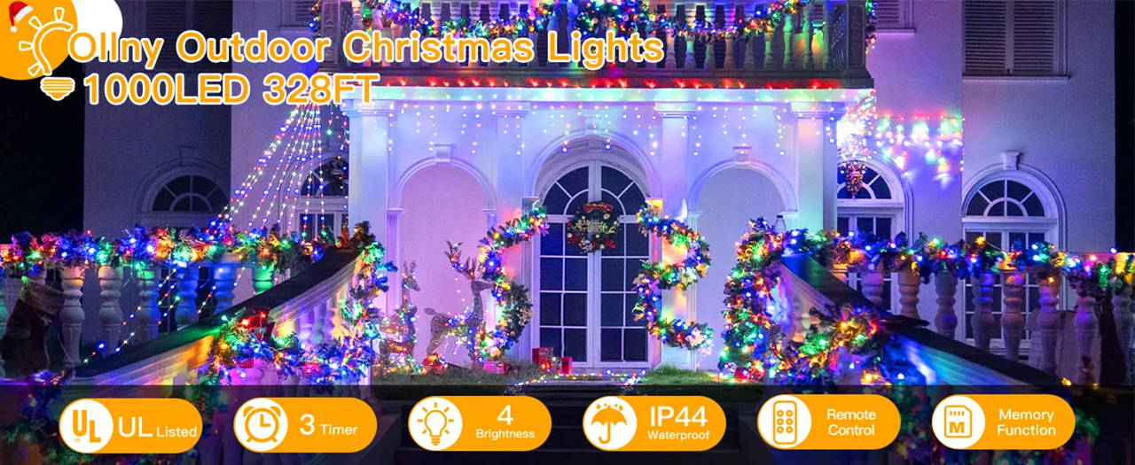 Features of Ollny's 800 leds clear cable cool white string lights - desktop size