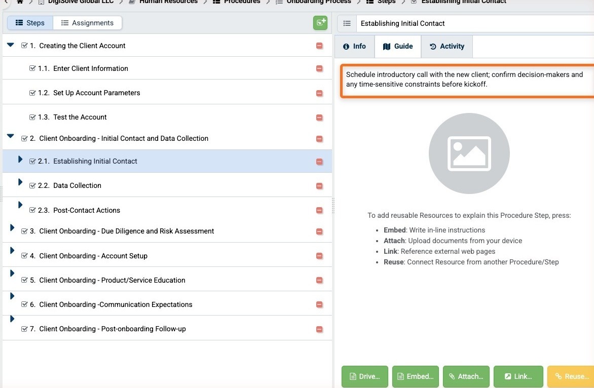 Step Detail field with sample text on the Guide tab