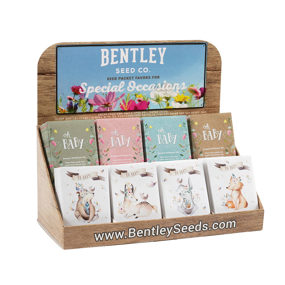 Bentley Seeds 250 baby shower favor packet display