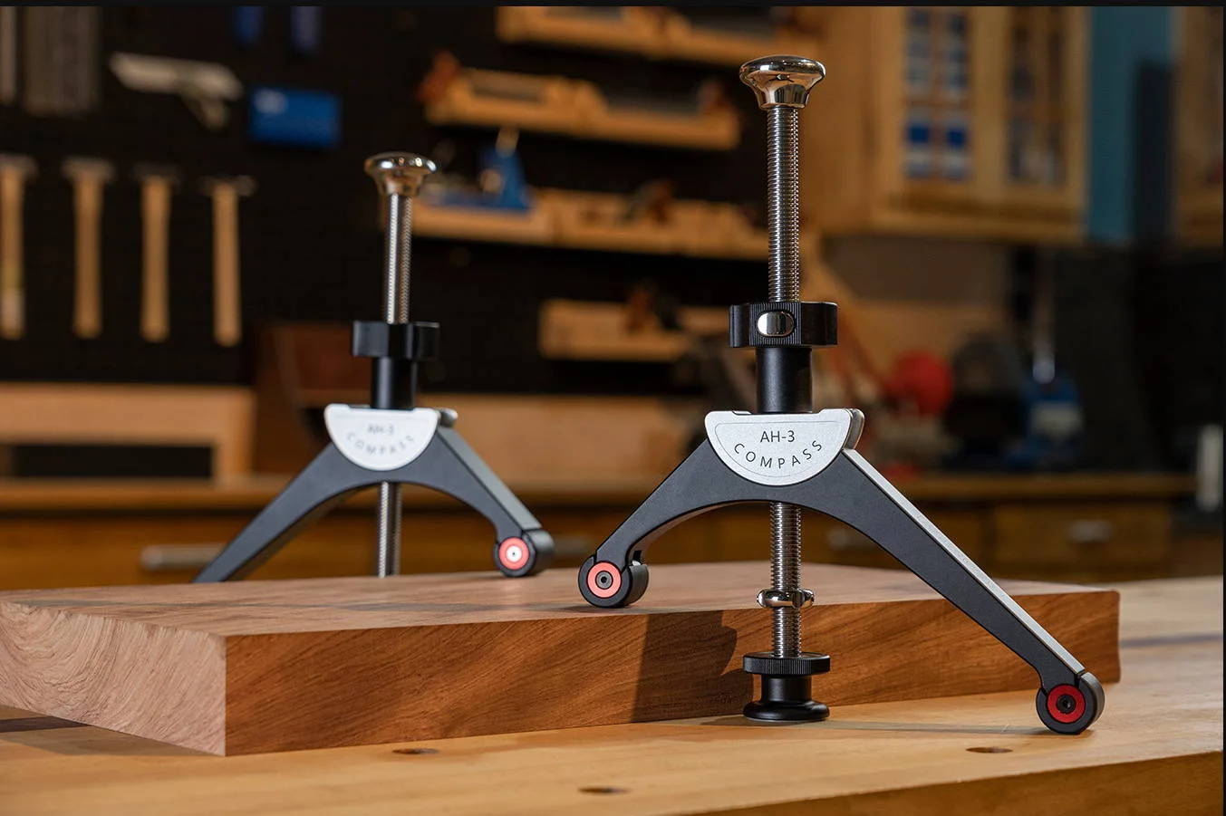 The Harvey Compass AH 3 Arch Hold Down demonstrates being used, holding down the rectangular wood block in place