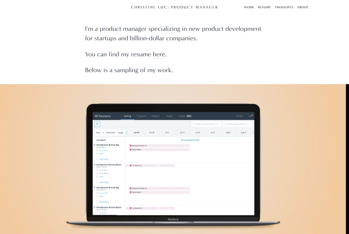 Screenshot of Christine Luc, from the product manager portfolios collection.