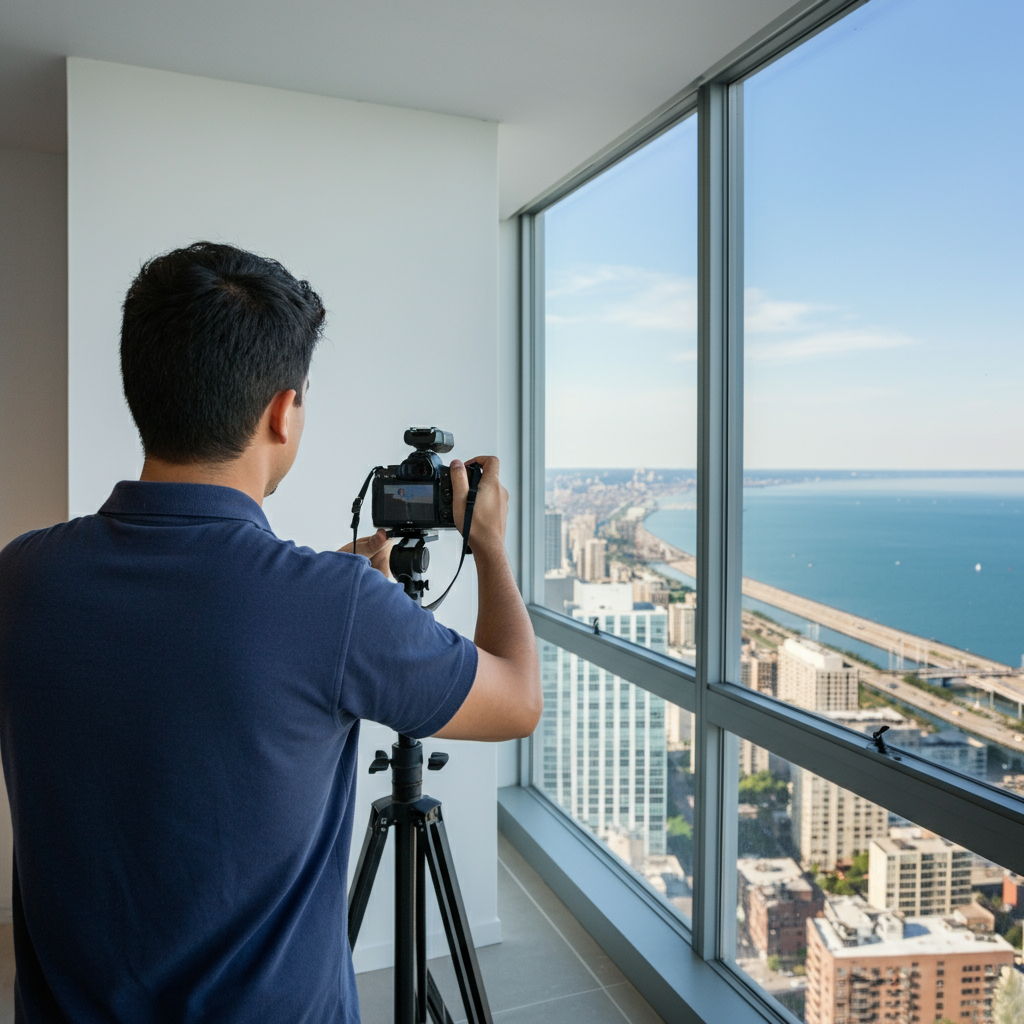 A professional photographer capturing the stunning lake view from a Streeterville condominium using specialized wide-angle equipment and lighting. The image demonstrates the importance of high-quality photography that accurately showcases spatial dimensions and highlights key selling features.