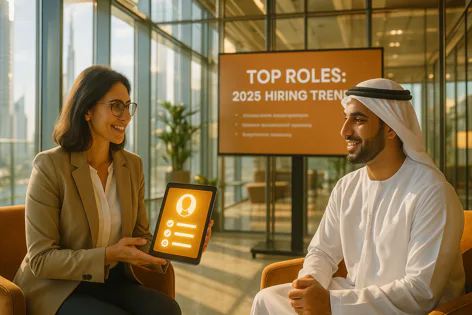 A businesswoman shows a tablet displaying job application status icons to a man in traditional attire in a modern office. A screen shows 'TOP ROLES: 2025 HIRING TRENDS'.