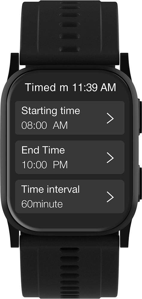 Einstellungen für die zeitgesteuerte Blutdruckmessung auf der Wellue Blutdruckuhr, die Startzeit, Endzeit und Messintervall für automatische Blutdruckmessungen (TBPM) anzeigen.