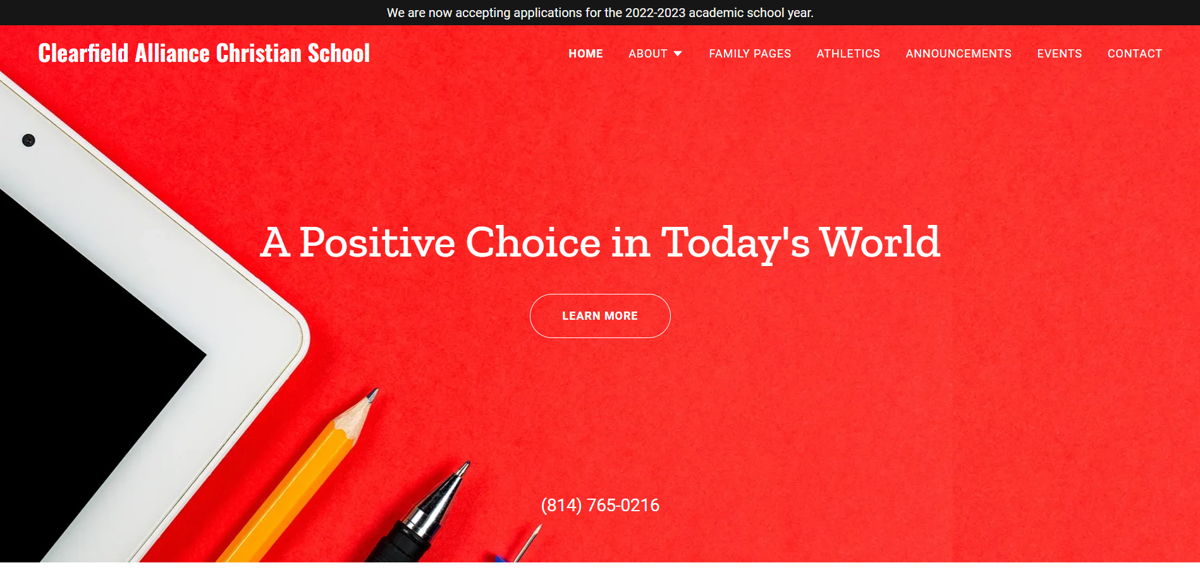 Screenshot of Clearfield Alliance Christian School, from the school websites collection.
