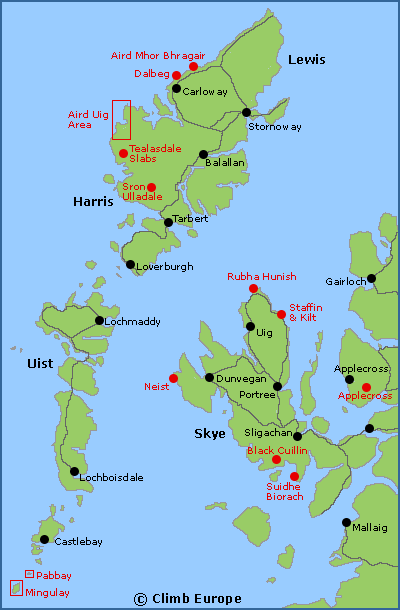 Map of the main rock climbing areas on Skye and the Outer Hebrides