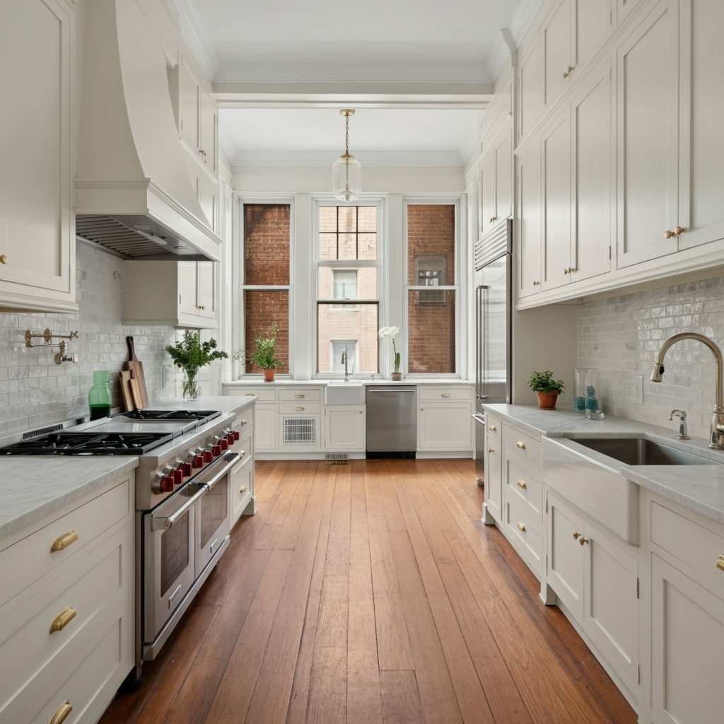 A classic Gold Coast brownstone interior featuring a renovated kitchen with white cabinetry, marble countertops, and professional-grade stainless steel appliances. Large windows allow natural light to flood the space, highlighting the blend of historic architectural details and modern luxury finishes that appeal to today's discerning buyers.