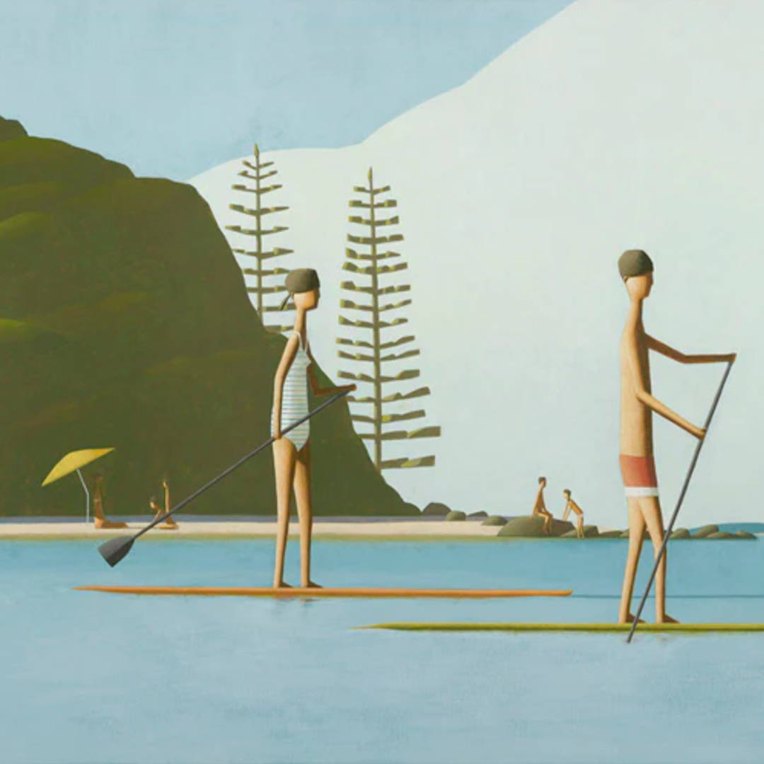 The Paddle Boarders by Craig Parnaby - A coastal artwork of two paddle boarders in an abstract art style