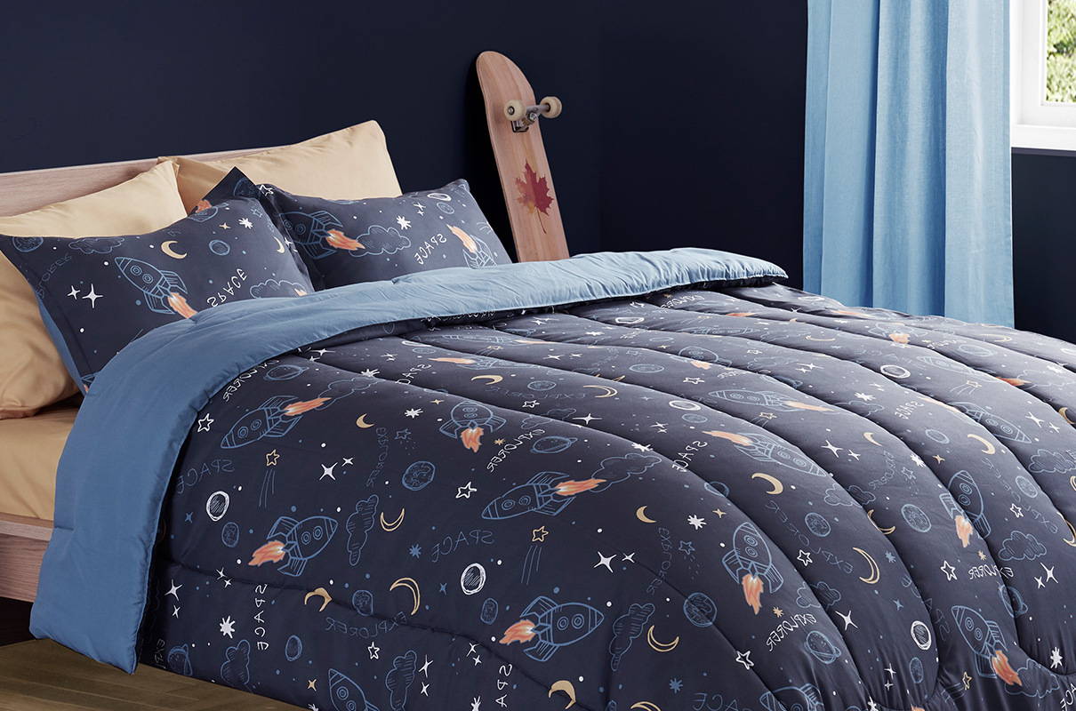 sleep zone bedding website store products collection all season reversible comforter space adventure kid's comforter navy blue bedroom