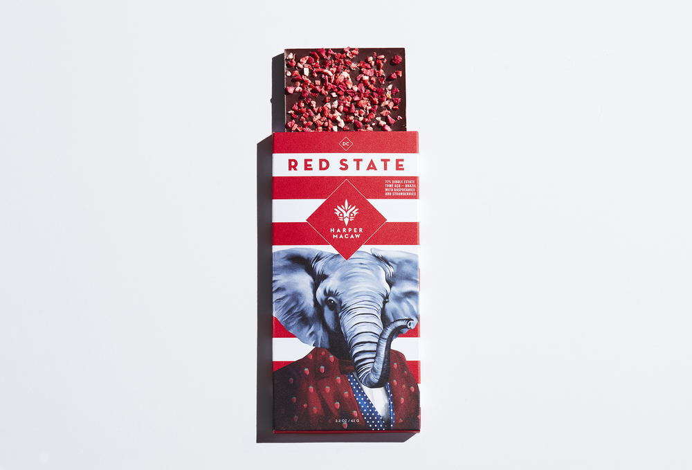    RED STATE  RED STATE A BLEND OF RED BERRIES, CONSERVATIVE DARK CHOCOLATE, AND FREE MARKET CAPITALISM. (UN) OFFICIAL FAVORITE OF THE GOP.  Inspired by old family money and old family portraits, Red State design features an increasingly rare and endangered species – a capitalist white elephant attired in a raspberry-studded smoking jacket. 