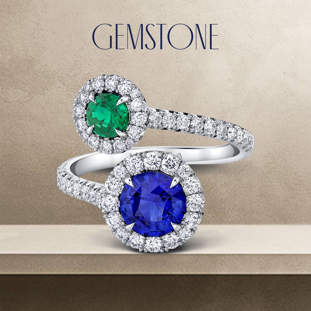 sapphire, diamond and emerald bypass / embrace ring