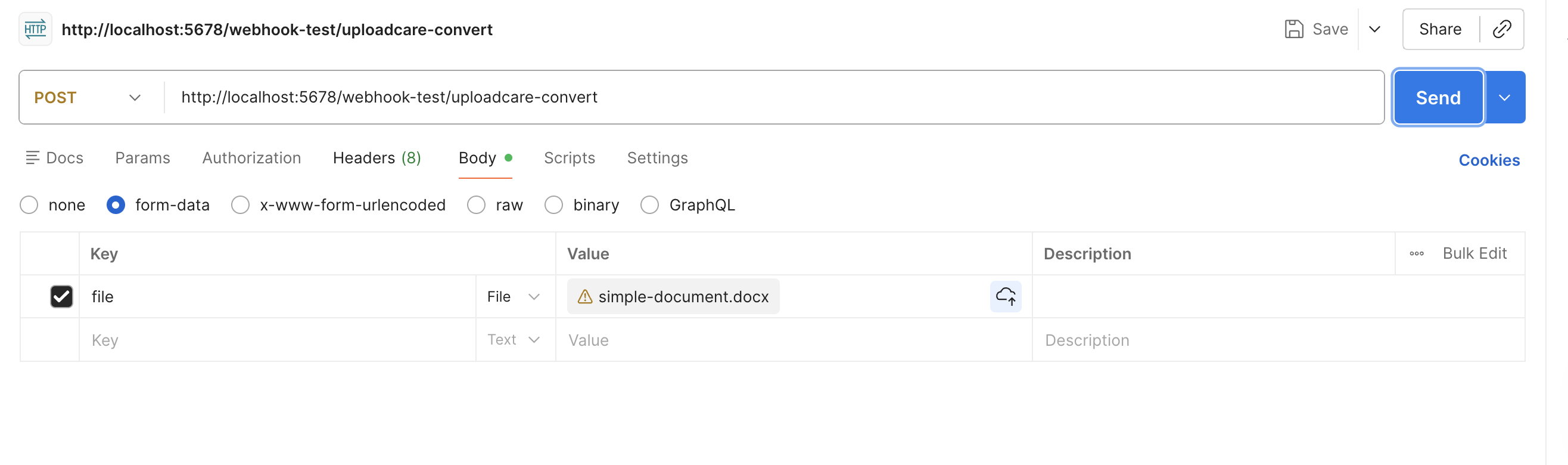 Postman configured to send a DOCX file in a binary field named file