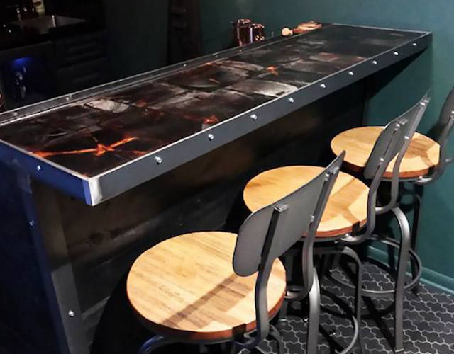 bar counter with reclaimed wood and epoxy resin