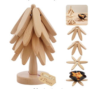 Wooden Tree Trivet with Holder, Wood Tree Coasters Set of 4, Beechwood