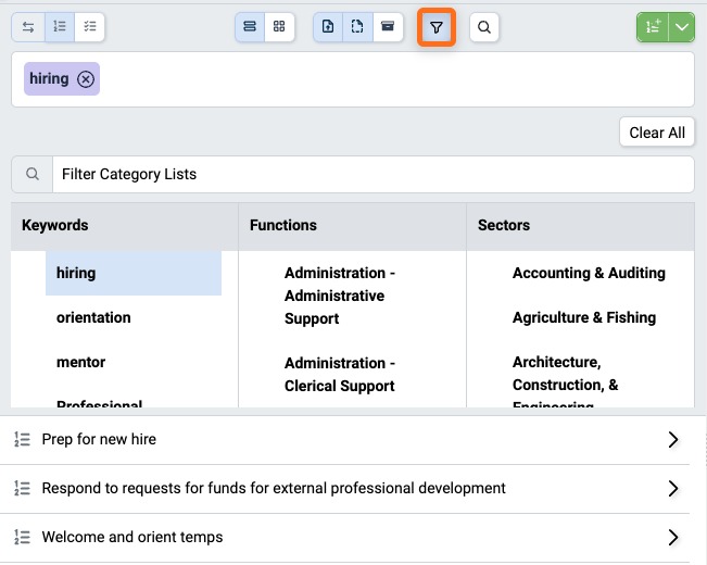 Procedure list filtered by the keyword 