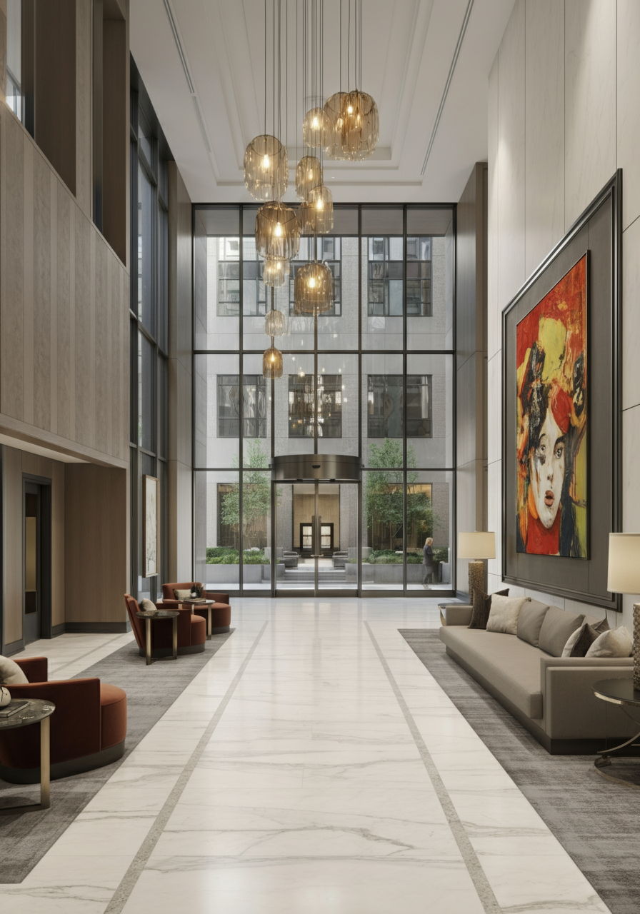 Streeterville's contemporary luxury high-rise lobby with marble floors, designer furniture, and a professional doorman greeting residents. The space features dramatic lighting, museum-quality art, and views to a landscaped courtyard, exemplifying the amenity-rich properties that command premium offers in this neighborhood.