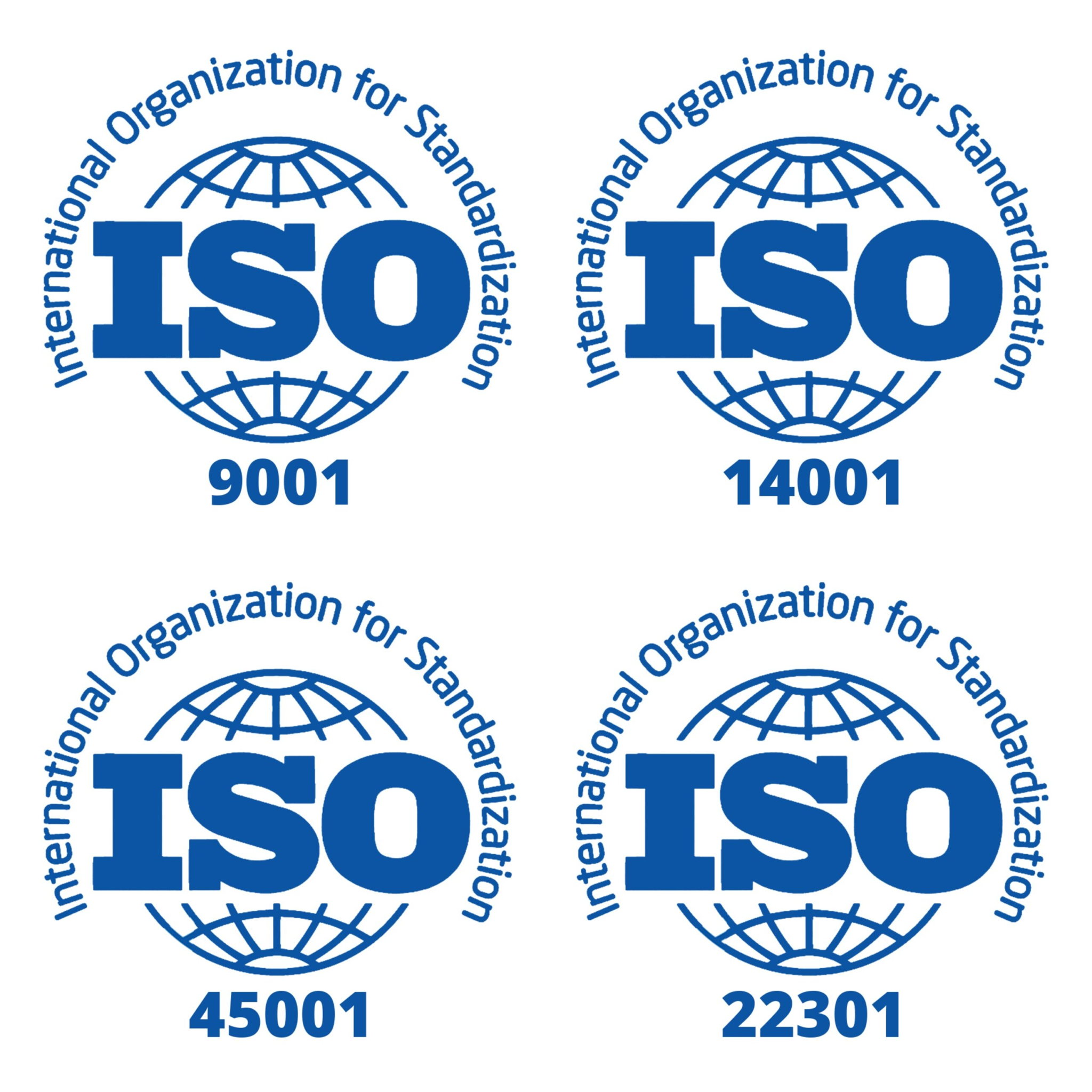 Four blue ISO logos with a globe, each labeled with a different standard number: 9001, 14001, 45001, and 22301. Each logo says International Organization for Standardization.