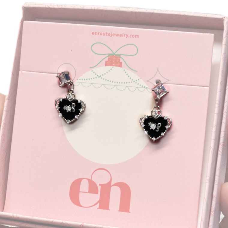 silver black heart earrings 