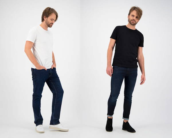 Man wearing organic cotton dark wash jeans from sustainable denim brand Kuyichi