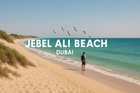A man with a backpack stands on Jebel Ali beach in Dubai, looking at the blue sea. Seagulls fly overhead. Sandy shore meets gentle waves.