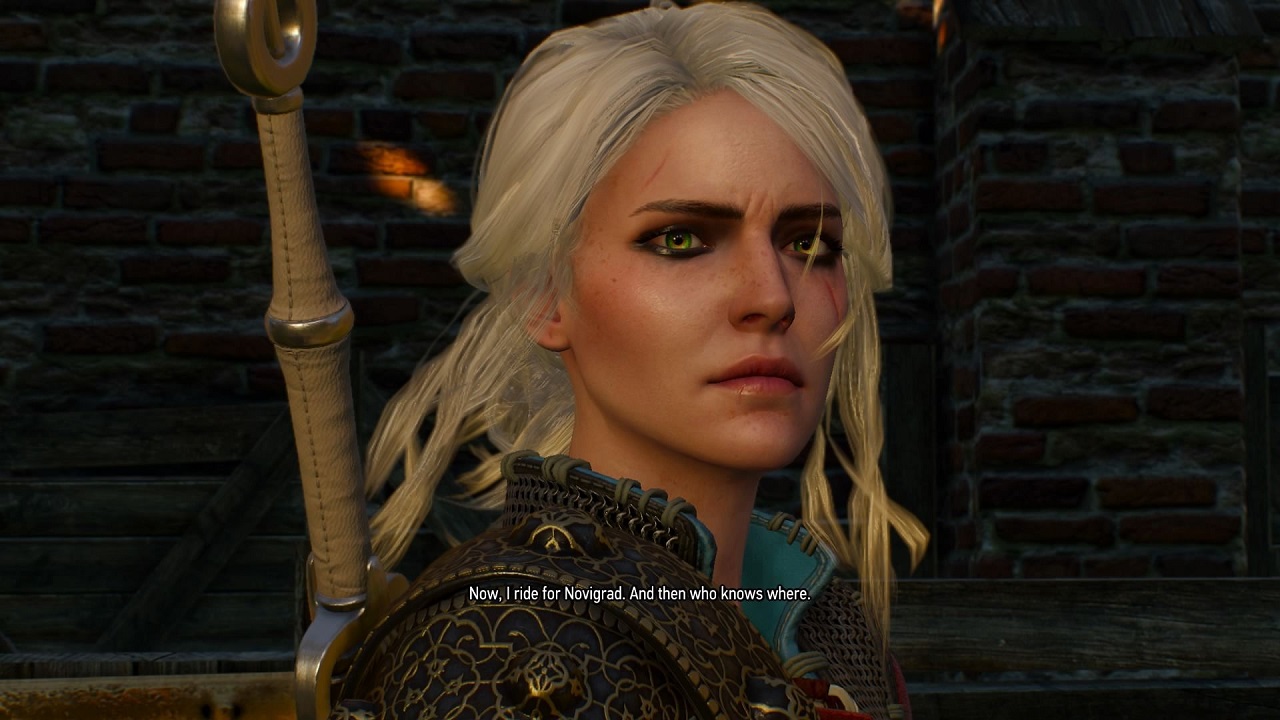Ciri from the video games with a sword on her back saying Now I ride for Novigrad. And then who knows where.