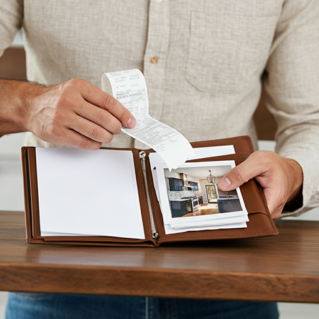 A homeowner carefully organizing home improvement receipts in a bindern, with renovation photos and contractor invoices for a kitchen remodel, bathroom upgrade, and roof replacement clearly visible, demonstrating how to increase adjusted basis through documented improvements.