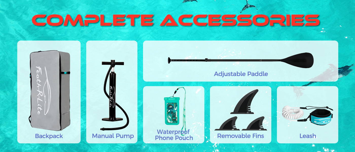Adventure inflatable stand up paddle board come with complete accessories: waterproof bag, manual pump, paddle, waterproof phone pouch, removable fins and paddle board leash