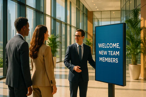 A manager welcomes two diverse business professionals, a man and woman, to the office, pointing at a display with "WELCOME, NEW TEAM MEMBERS" text.