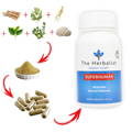 The Herbalist Superhuman blend with energizing and adaptogenic herbs, shown in whole form, powder, and capsules—supporting immunity, energy, and overall vitality.