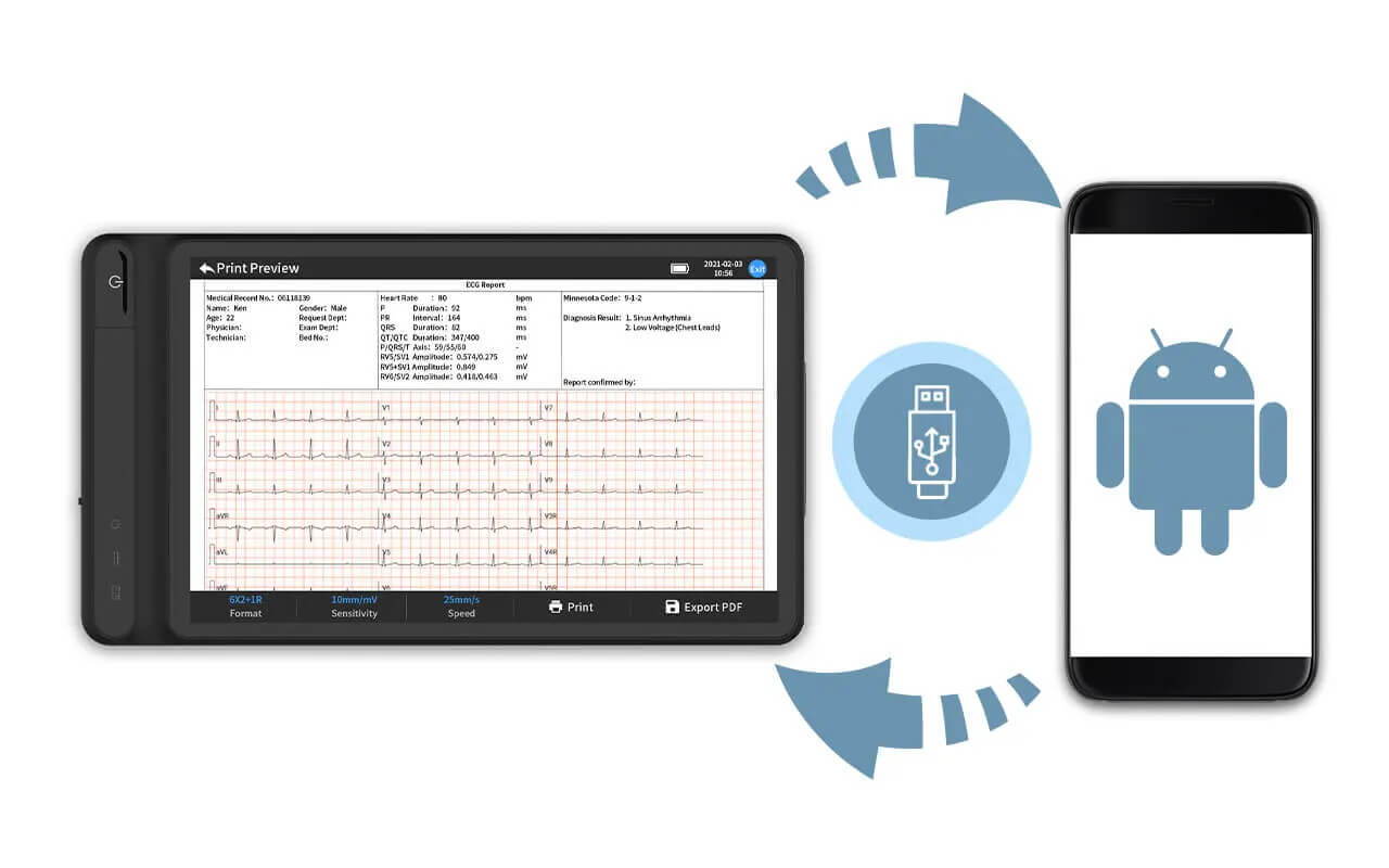 12-lead ECG tablet allows users to transfer clinical data to laptops and PCS.
