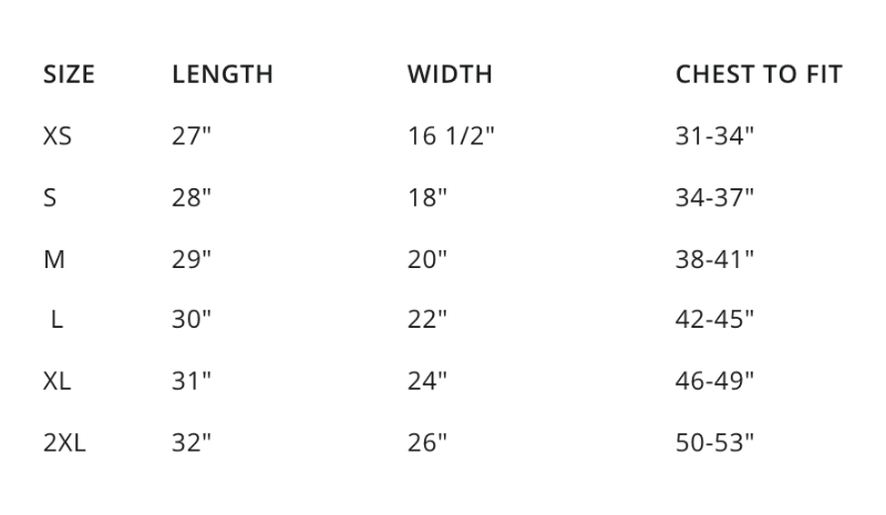 sizing chart for shirts