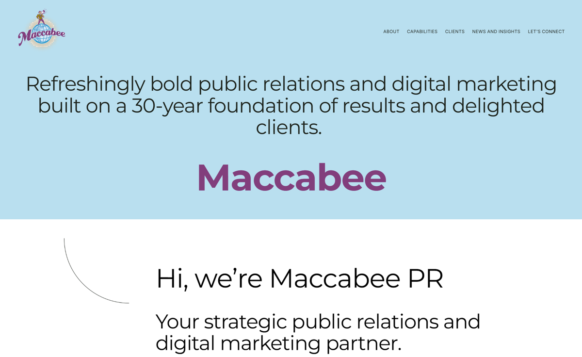 Screenshot of Maccabee Public Relations, from the pr portfolios & websites collection.