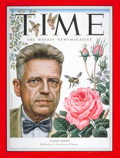 A TIME magazine cover of Alfred Kinsey.It's an illustration of Alfred a large rose and bee net to him and other flowers and animals.