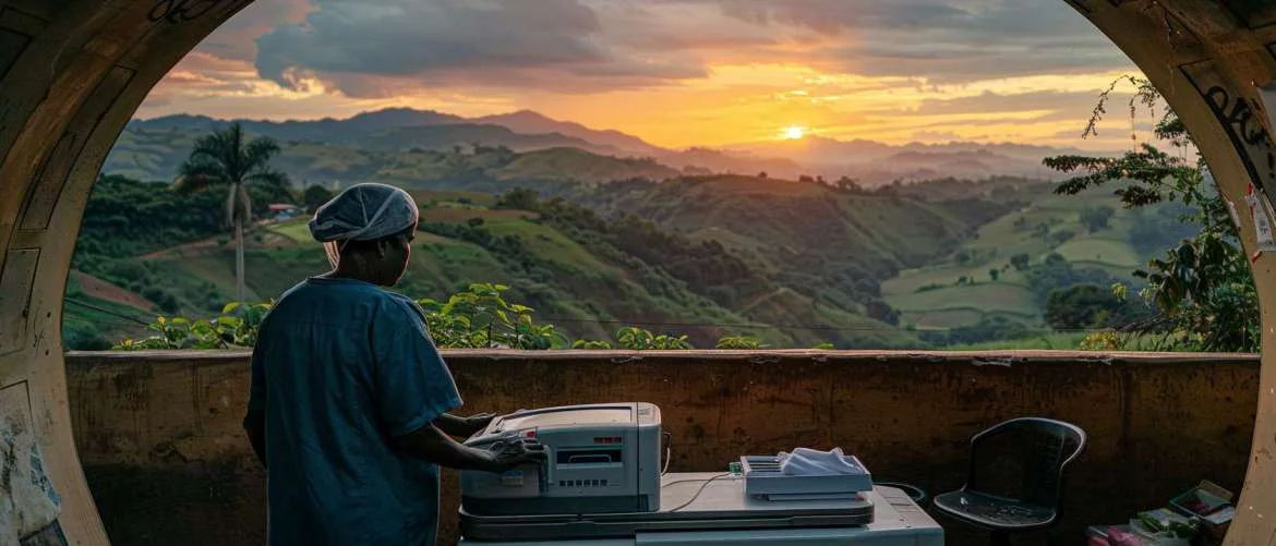 Radiologist using mobile X-ray in remote landscape at dawn, bridging tradition and innovation.