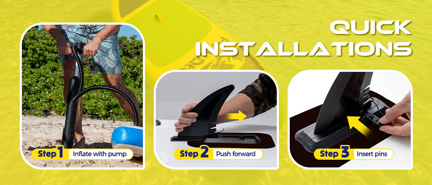 Breeze blow up paddle board support quick installations: iSUP can be inflated with pump, push fins forwards, insert fin pins