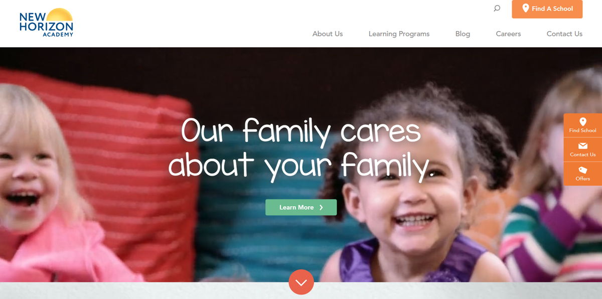Screenshot of New Horizon Academy, from the childcare & daycare websites collection.