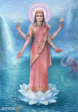 painting of Lakshmi on a lake 