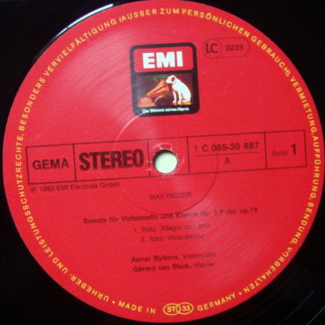 EMI HMV / ANNER BYLSMA, - Reger Cello Sonata No.3, NM!