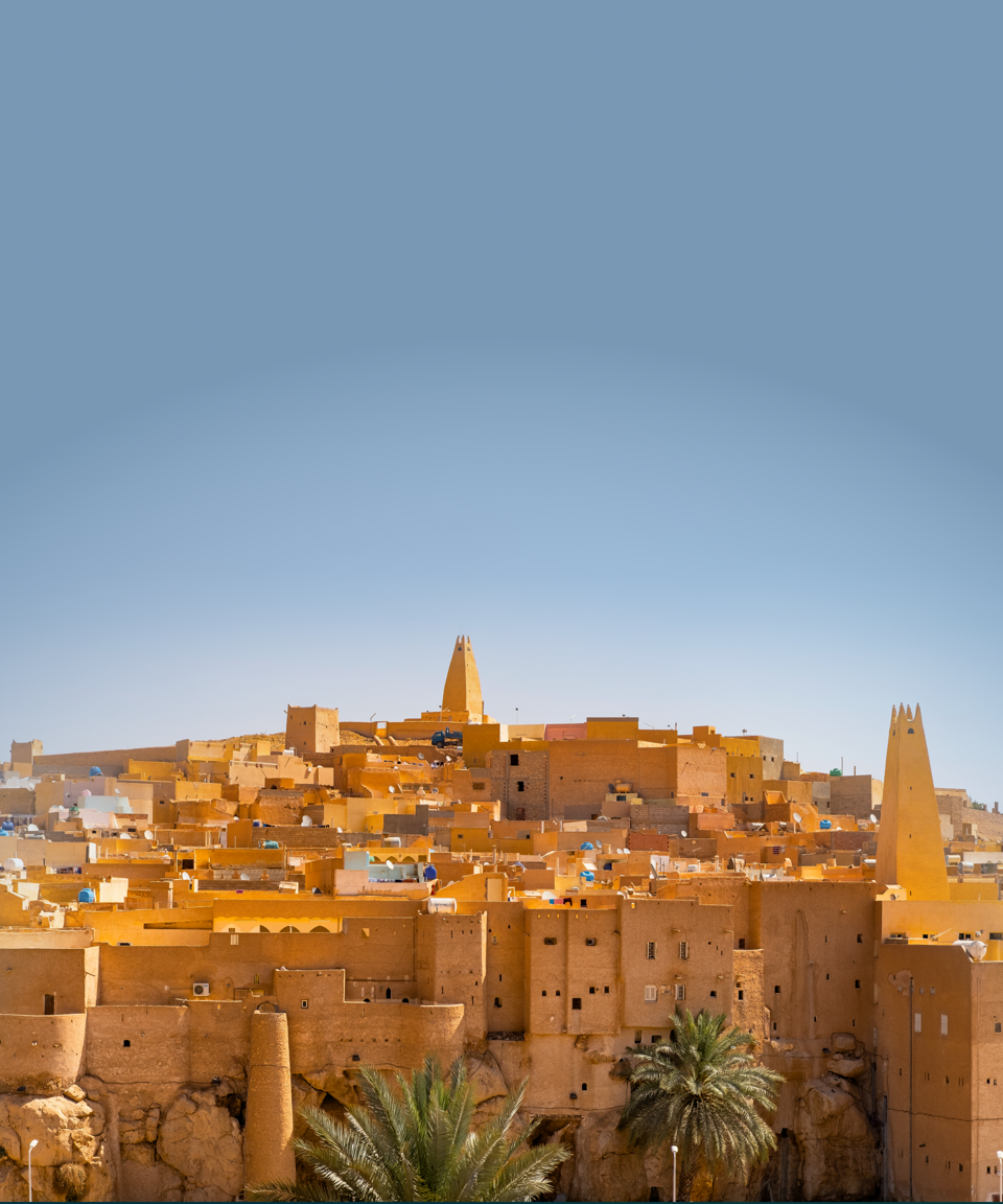 A hillside town, with matching tan buildings & rooftops, all getting higher into the clear blue sky. With trees at the bottom. 