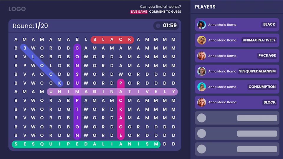 Word search game main screen