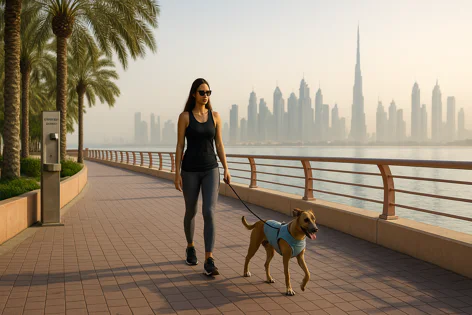 A woman walks her dog along a waterfront path lined with palm trees, with the Dubai skyline including the Burj Khalifa visible in the distance.