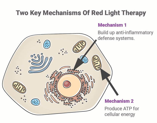 Infographic showing the two key mechanisms of red light therapy