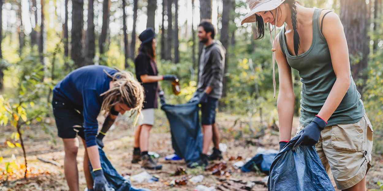 A corporate group cleaning up a mountain bike trail