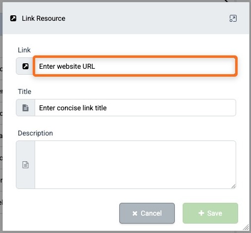 Link Resource dialog with the URL field highlighted